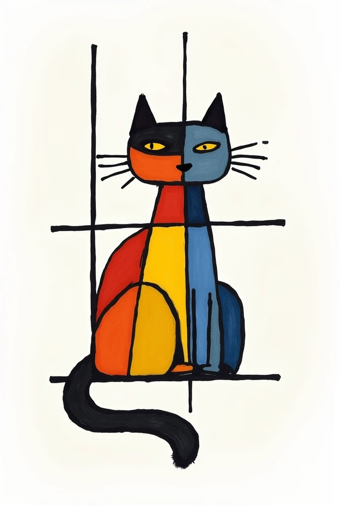 a hand drawn two colored cat on a white background in the style of Pieter Mondriaan