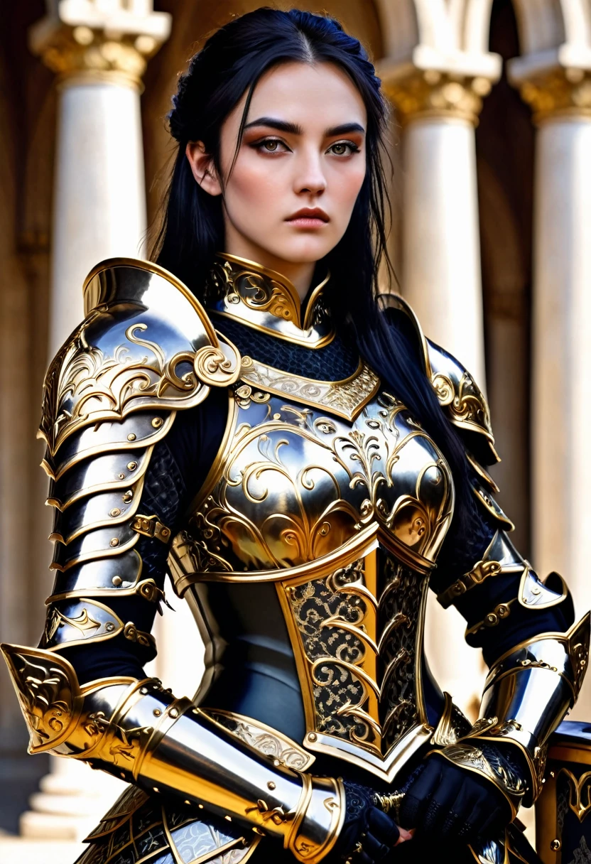a close up of a woman in armor with a sword, stunning armor, wearing fantasy armor, very stylish fantasy armor, gold heavy armor. dramatic, beautiful armor, fantasy armor, black and gold armor, gothic armor, wearing ornate armor, intricate armour costumes, female armor, ornate gothic armor, ornate , wearing louis vuitton armor, girl in knight armor