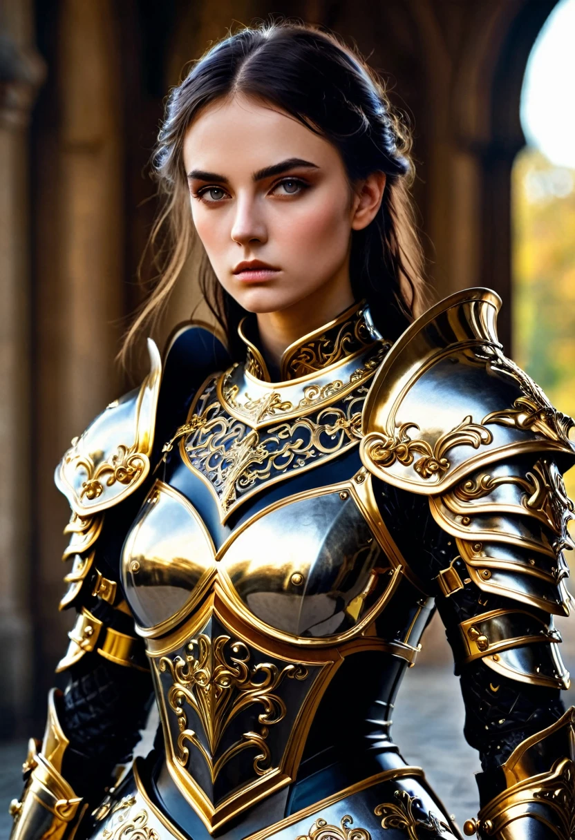 a close up of a woman in armor with a sword, stunning armor, wearing fantasy armor, very stylish fantasy armor, gold heavy armor. dramatic, beautiful armor, fantasy armor, black and gold armor, gothic armor, wearing ornate armor, intricate armour costumes, female armor, ornate gothic armor, ornate , wearing louis vuitton armor, girl in knight armor