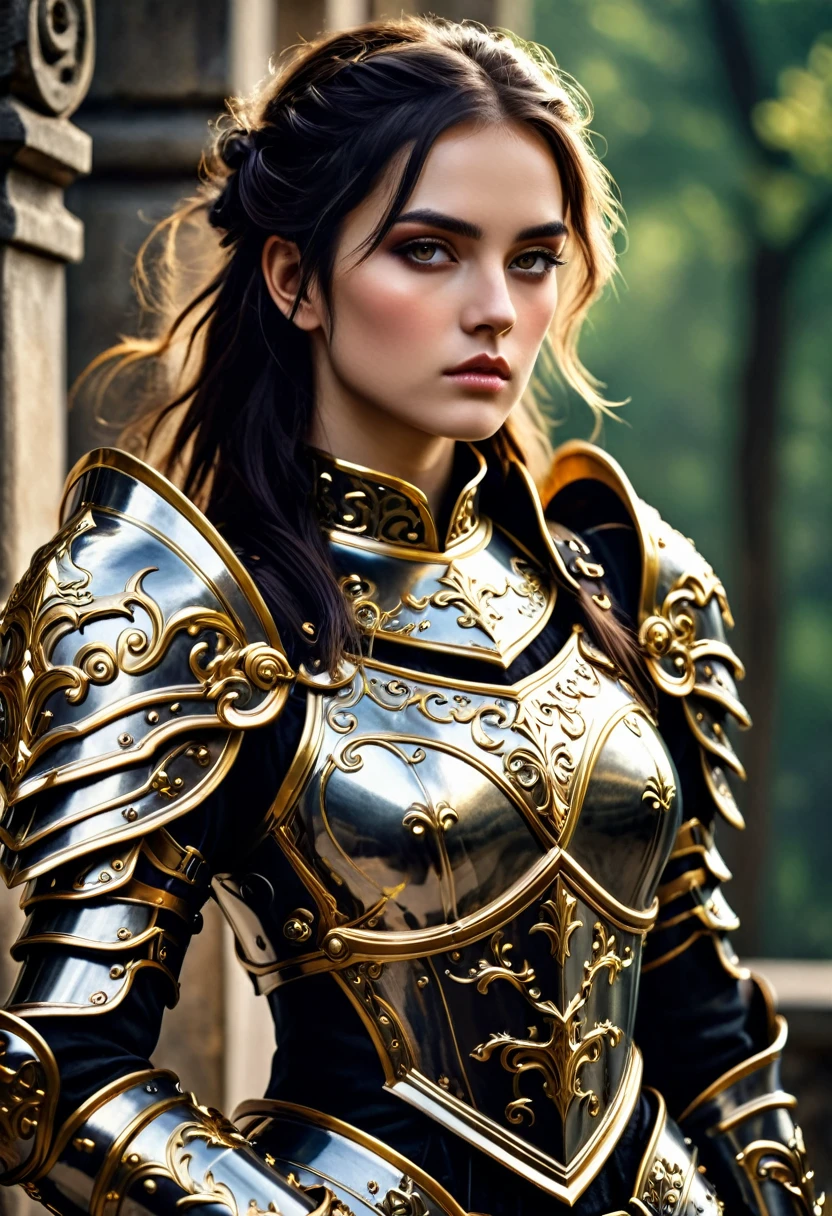 a close up of a woman in armor with a sword, stunning armor, wearing fantasy armor, very stylish fantasy armor, gold heavy armor. dramatic, beautiful armor, fantasy armor, black and gold armor, gothic armor, wearing ornate armor, intricate armour costumes, female armor, ornate gothic armor, ornate , wearing louis vuitton armor, girl in knight armor