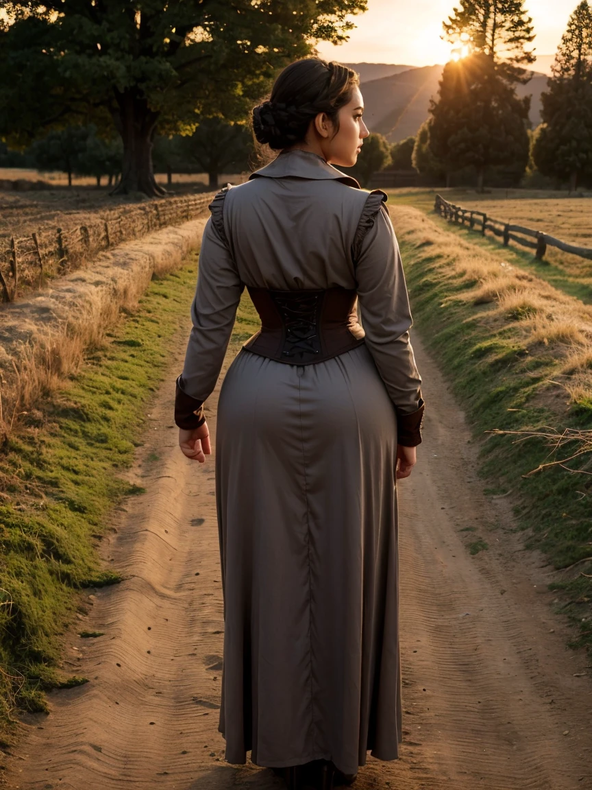 Beautiful and sensual busty athletic (delgado) Dark-haired peasant woman with sharp facial features wearing a modest updo, medieval hair covering, gray and brown coarse yarn medieval dress, long sleeves, wide collar, long dress, tight bodice, corset, middle Ages, cabin, farm, exterior, trees, field, evening, Sunset.What?(((take it from behind)))), (((fat ass))), (((((Full body shot)))))