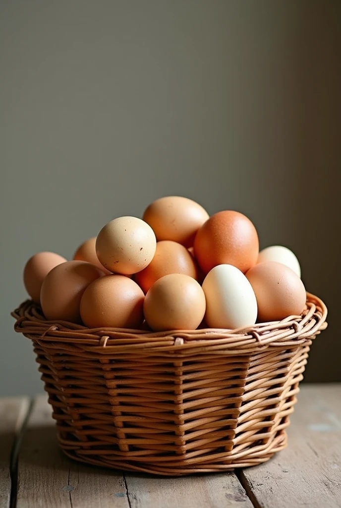 Please generate an image that contains a basket with farm eggs (Creoles). And leave me some space at the bottom to write something