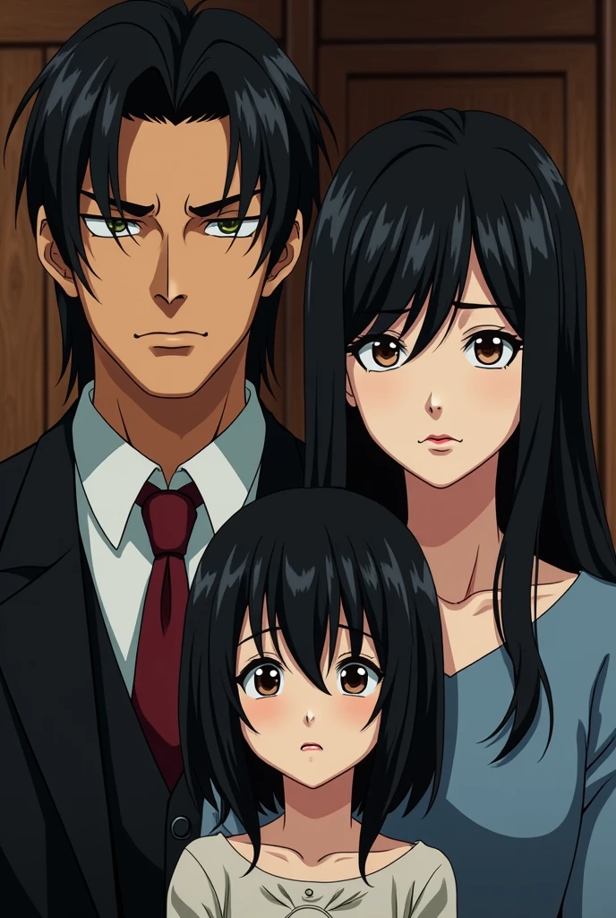 Anime style, mafia, family, mother, father, daughter, timid, black hair