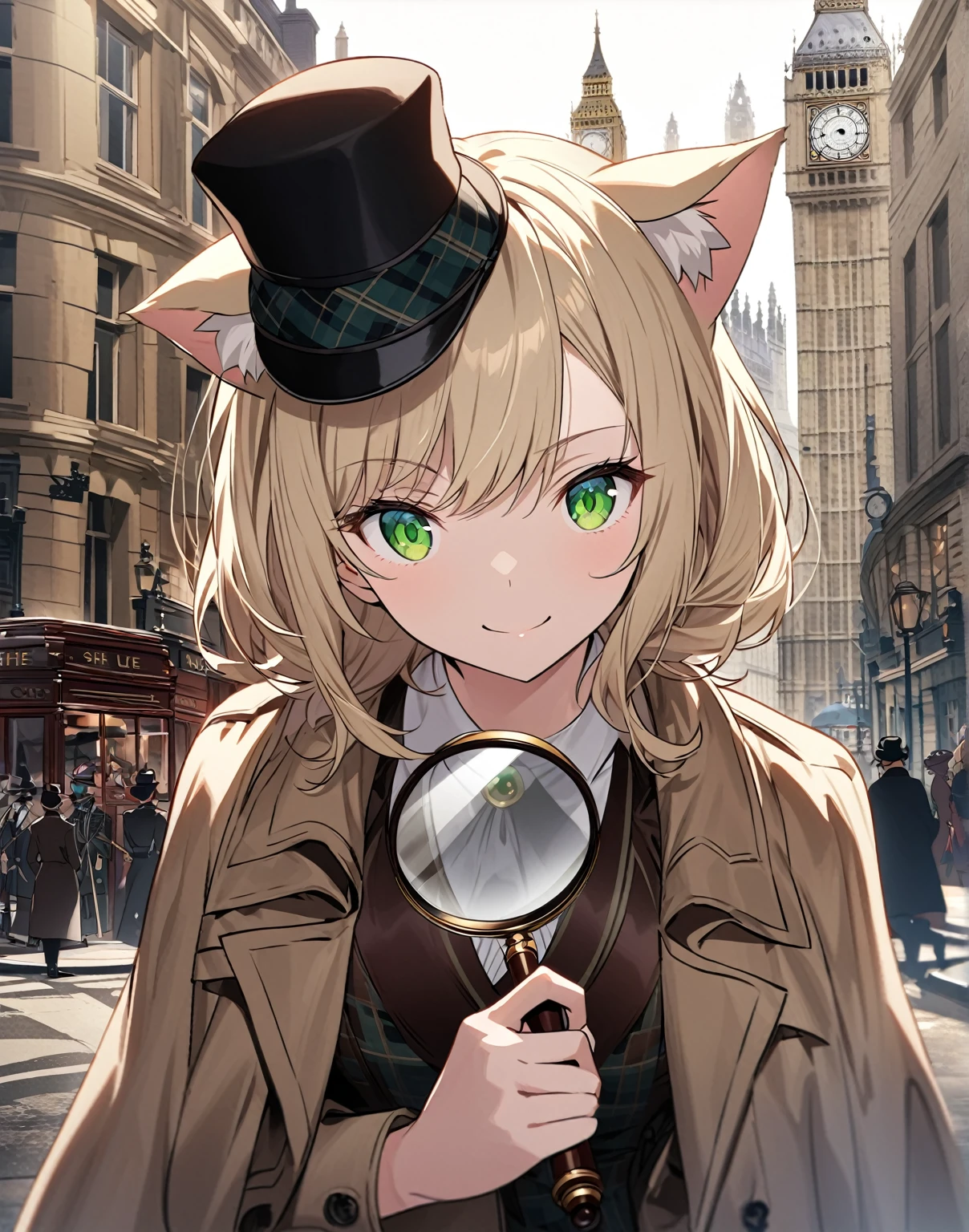 Face shot, Eyes macro, 1 anime catgirl, pale blonde cat ears, neko ears, with long pale blonde hair, wearing like sherlock holmes clothes. The character is in a standing pose and has an elegant and refined appearance. She has accent green eyes, detailed anime eyes, She has an investigating pose with a Magnifying glass in the hand, she is looking through the magnifying glass. She has a confident expression, like she has discovered the Guilty. Khaki coat, sherlock holmes hat, investigating. She is in london, famous London steet with a view over some famous London location. She has a confident smile.