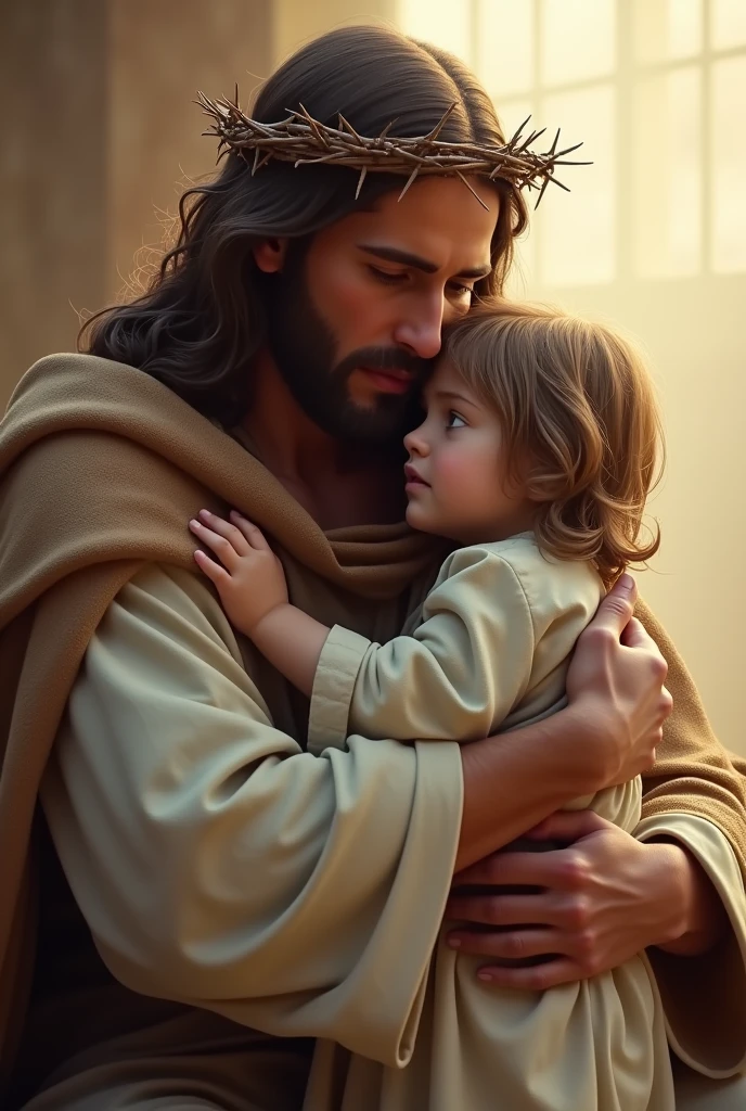"Create an image of Jesus Christ wearing a crown of thorns, embracing a child with tenderness and compassion. Jesus should be dressed in a traditional robe and cloak, and the child should appear warm and safe in his arms. The background should be soft and tranquil, reflecting an environment of peace and love, with soft lighting that highlights the emotional connection between them."