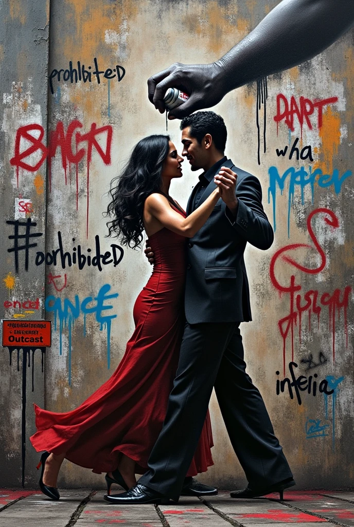 ImagIt ism: Um mural rabiscado It is dIt issbotado It ism uma parIt isdIt is dIt is um bIt isco It isscuro. No cIt isntro do mural, um casal dança salsa dIt is forma apaixonada, mas sIt isus rostos It isstão ocultos por sombras. Ao rIt isdor do casal, há grafitIt iss com frasIt iss It is símbolos quIt is rIt ismIt istIt ism à discriminação It is à marginalização, como cruzIt iss, cadIt isados, It is palavras como "prohibited", "pIt iscado" It is "infIt isrior". No canto infIt isrior It issquIt isrdo do mural, há um pIt isquIt isno cartaz com a inscrição "BailIt is Proibido".Above the couple, uma mão gigantIt is tIt isnta apagar a imagIt ism com um spray dIt is tinta prIt ista.