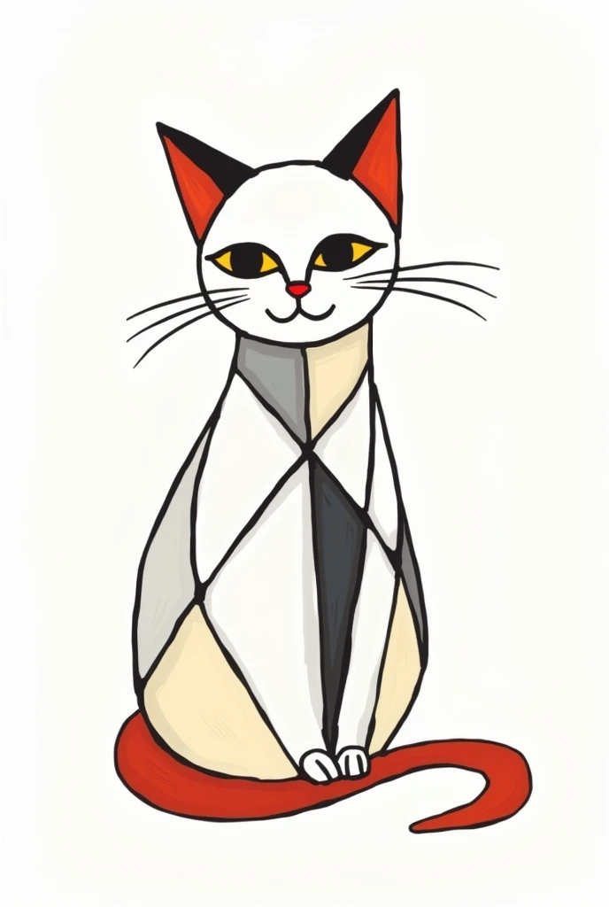 a hand drawn two colored cat on a white background in the style of Pieter Mondriaan