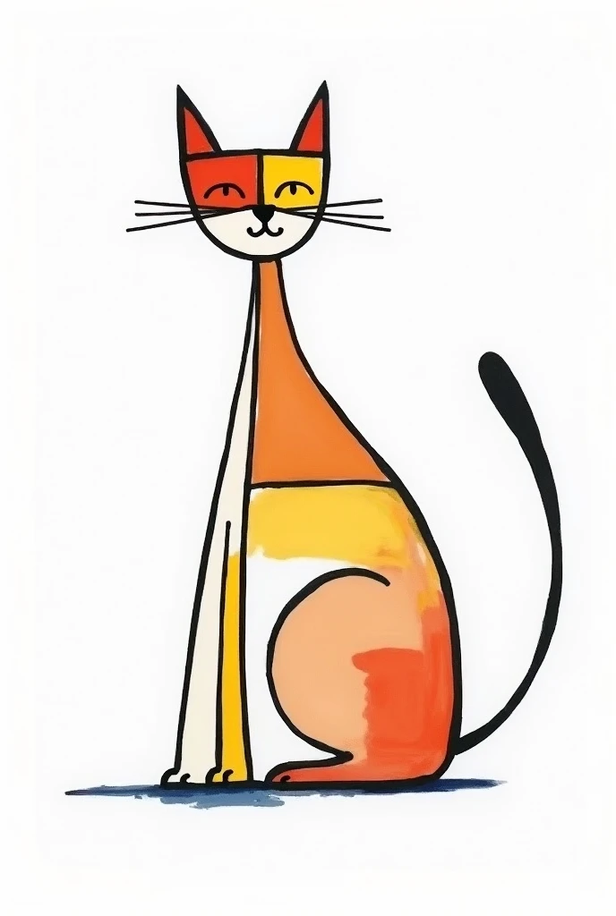 a hand drawn two colored cat on a white background in the style of Pieter Mondriaan