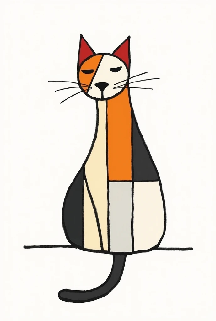 a hand drawn two colored cat on a white background in the style of Pieter Mondriaan