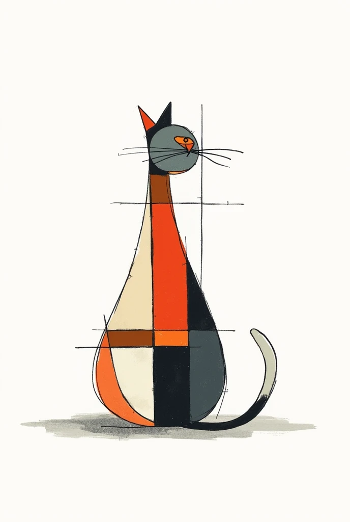 a hand drawn two colored cat on a white background in the style of Pieter Mondriaan