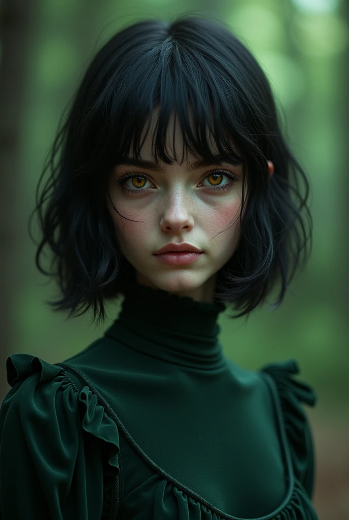 A girl version of Remus Lupin with black hair. She has amber eyes. . she also has a bottle green athenia dress on.