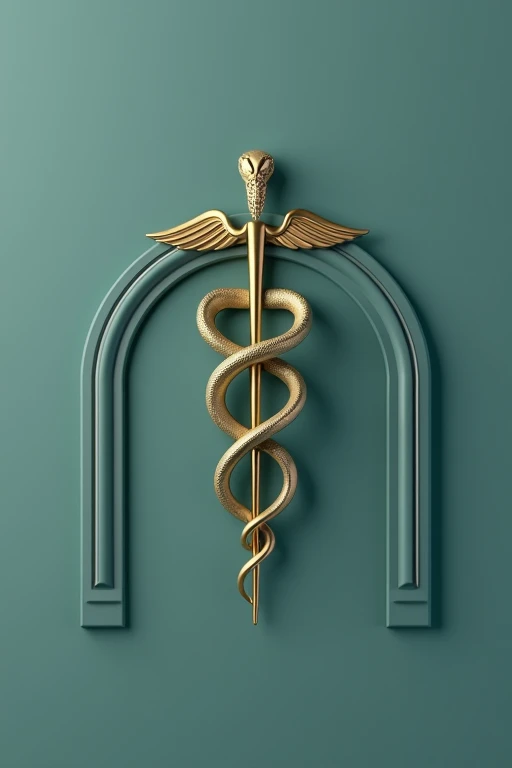 Make me a logo with a minimalist and elegant approach. In the middle, the Cabo San Lucas arch symbol, represented by two stylized snakes that gracefully coil around a slender, polished staff. The staff is golden, radiating a sense of luxury and distinction. The background is a soft shade of navy blue or emerald green, evoking tranquility and health. The serpent lines are thin and silver, complementing the staff and adding a modern and sophisticated touch. Below the symbol, The name MR is written in a stylish serif font., also in gold, to harmonize with the staff. The typography has a classic but modern style, projecting confidence and professionalism. On the whole, the logo communicates a feeling of well-being, high quality and exclusive medical care, ideal for a medical spa. I want it in 3D

