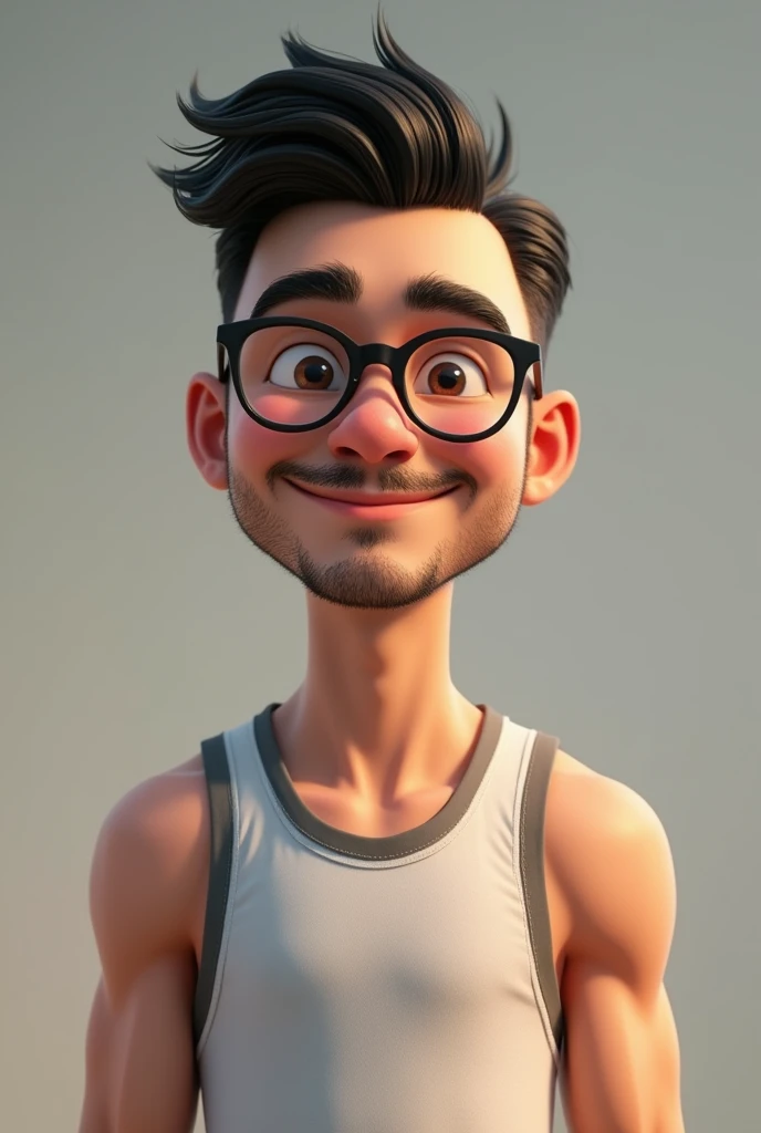 Pixar-style: White Boy, with a mustache and goatee, very short hair almost bald, clear glasses and dark hair with gym clothes and smiling
