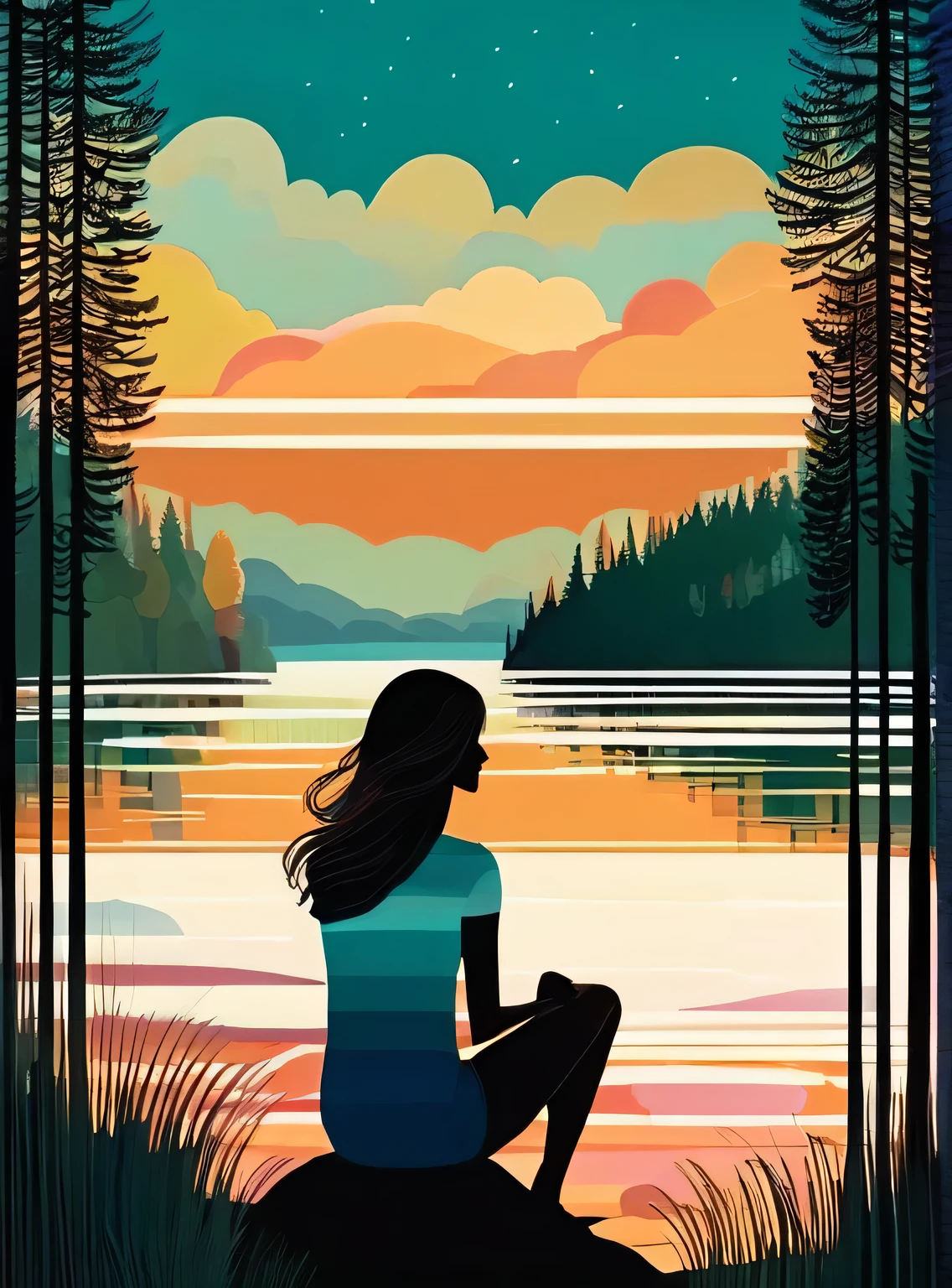 1 girl sitting near the shore,
trees
flat color 
lake
 detailed 
patterned background, 
(art by Jane Newland)