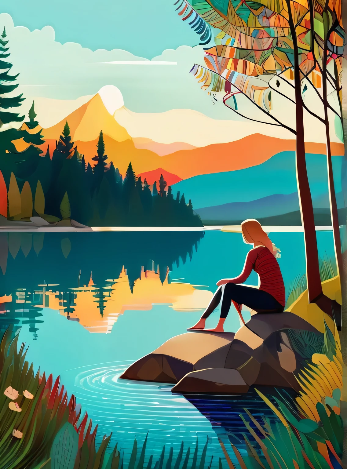 1 girl sitting near the shore,
trees
flat color 
lake
 detailed 
patterned background, 
(art by Jane Newland)