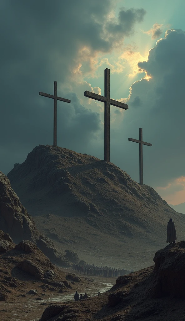 "Create a dramatic and evocative image of Golgotha, also known as Skull Hill, the location traditionally associated with the crucifixion of Jesus. The scene should show a barren, rocky hill with a rugged and desolate appearance. Ao fundo, the sky should be dramatic, perhaps with heavy clouds or an intense twilight, to accentuate the solemn tone of the scene. At the base of the hill, there should be three crosses in elevated positions, representing the crucifixion. Add details like a small crowd of figures in the distance, to suggest the presence of onlookers, and include elements that convey the atmosphere of a significant and reverent event."