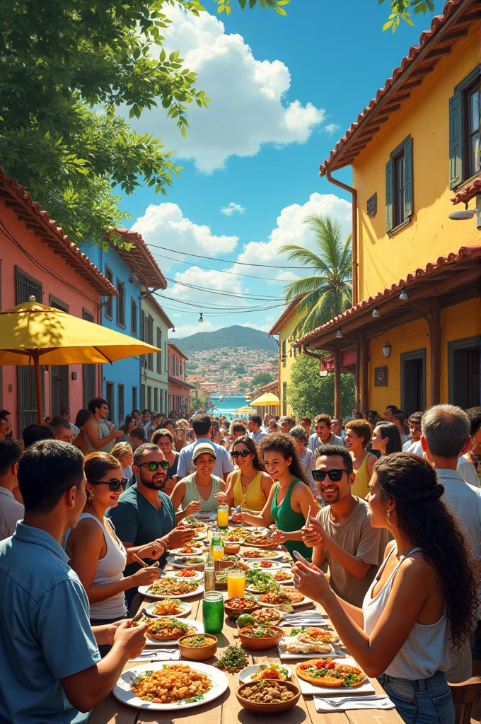 An image with several representations of Brazilian culture with food, Music and paintings.