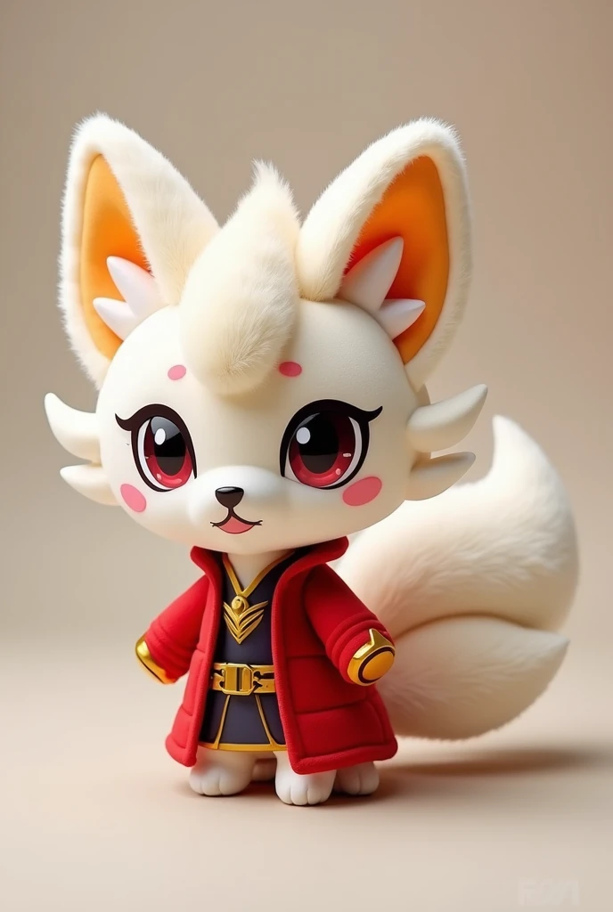 Create a detailed and realistic image of a plush toy designed to look like Ahri from League of Legends. The plush should be about 40 cm tall with a soft, rounded appearance. Ahri should have her iconic nine tails, each tail approximately 15 cm long, arranged around the back in a fan shape. The plush toy should feature large, expressive eyes, soft fabric for the fur, and intricate details like Ahri’s ears, which are about 8 cm long, and her outfit inspired by her in-game appearance, with a mini red robe and gold accents. The design should be cute and huggable, using high-quality materials like minky or plush fabric. The color palette should include soft whites, creams, and accents of red and gold for the outfit. The final image should make the plush toy look appealing, comfortable, and collectible.