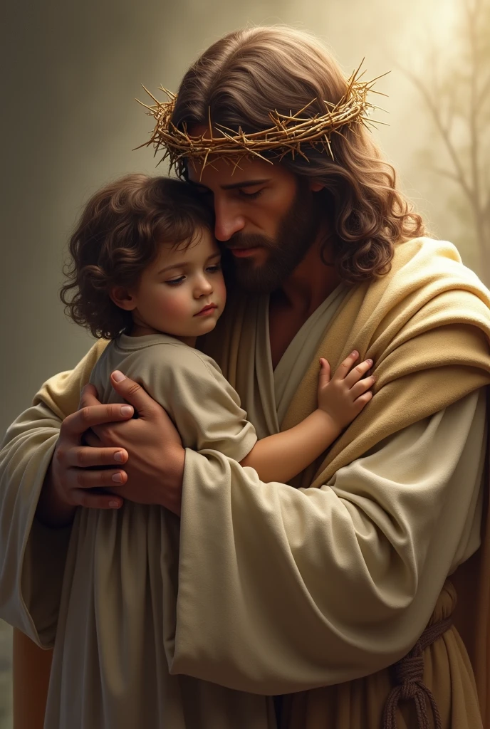 "Create an image of Jesus Christ wearing a crown of thorns, embracing a child with tenderness and compassion. Jesus should be dressed in a traditional robe and cloak, and the child should appear warm and safe in his arms. The background should be soft and tranquil, reflecting an environment of peace and love, with soft lighting that highlights the emotional connection between them."