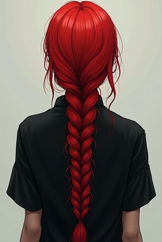 A ojito woman facing backwards with her face not visible but instead a red long braid visible above her black  shirt.