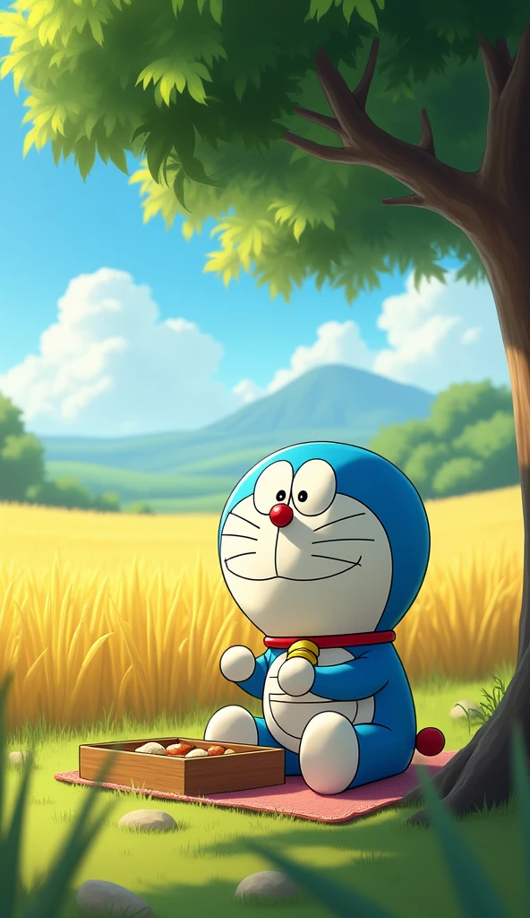 Doraemon sat under a tree, enjoying his lunch with a happy face, taking in the scenery of the distant golden rice fields in 3D.