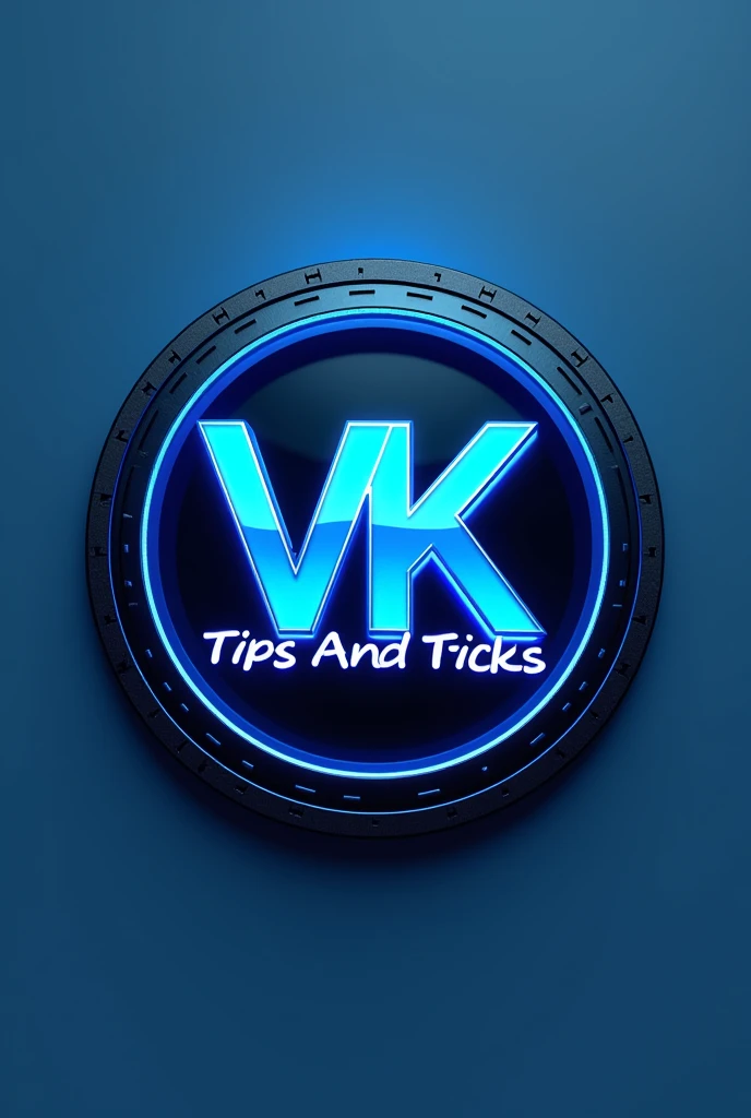 Design a modern, clean, and sleek round logo featuring the text 'VK TIPS AND TRICKS.' The logo should have a tech-savvy and innovative feel, with a balanced blend of vibrant blue and silver colors. The text 'VK' should be prominent, bold, and stylized in the center, with 'TIPS AND TRICKS' elegantly curved along the bottom edge of the circle. Use a minimalistic background, possibly with subtle gradients or abstract tech patterns. Ensure the logo is easily recognizable and scalable, suitable for digital platforms."