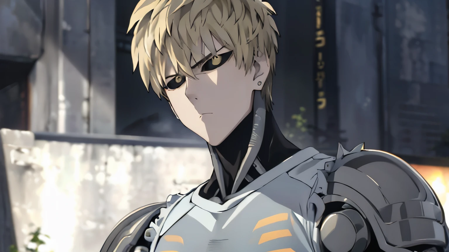 Genos from the one punch man series, He is facing out on the streets. (His face expresses great concern )(He raises one of his fingers on his right hand.).