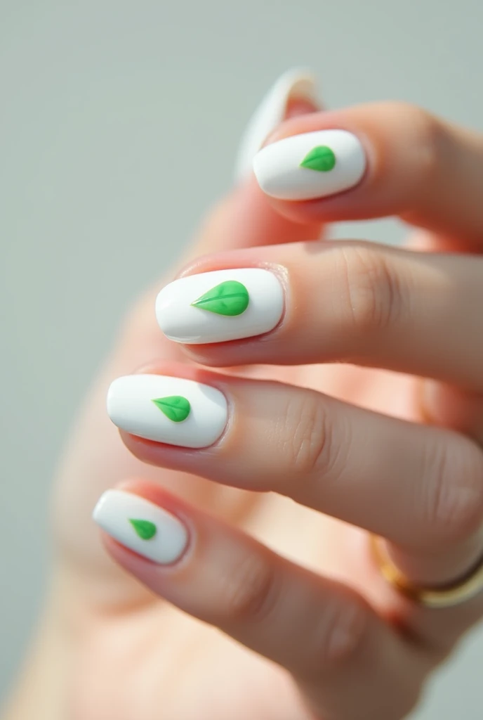 White Gel Nails. 1,5 cm. Green decorations.