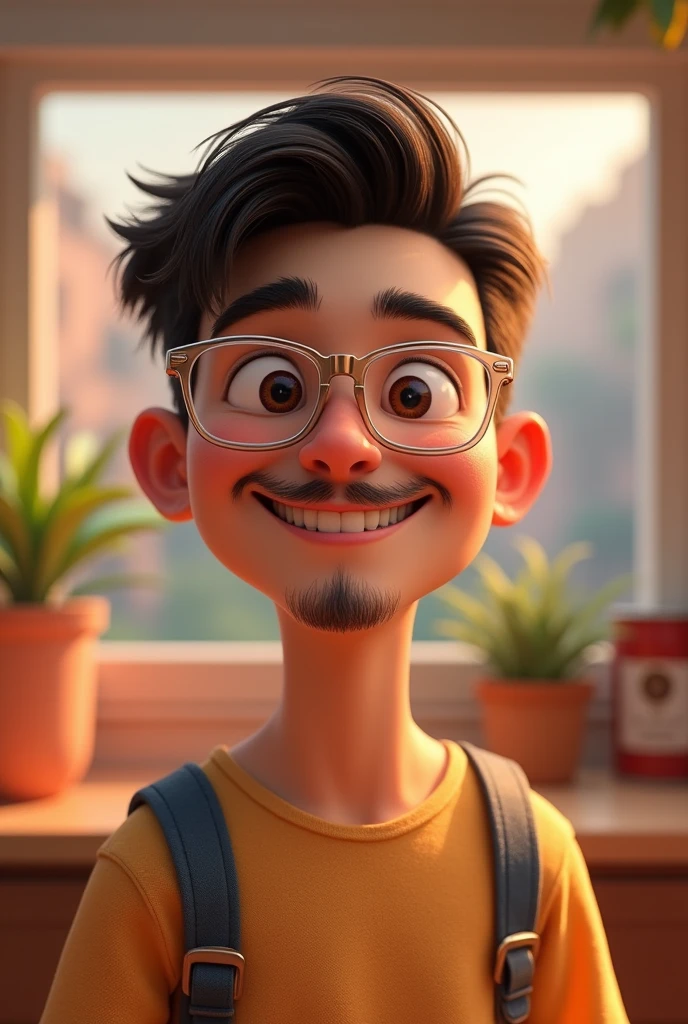 Pixar-style: half-brown boy, AT 20 YEARS OLD, with a mustache and goatee, very short hair almost bald, transparent rectangular glasses and smiling