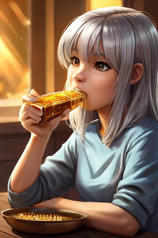 a girl with silver hair, holding honeycombs of honey in her hands, eating.The gipper