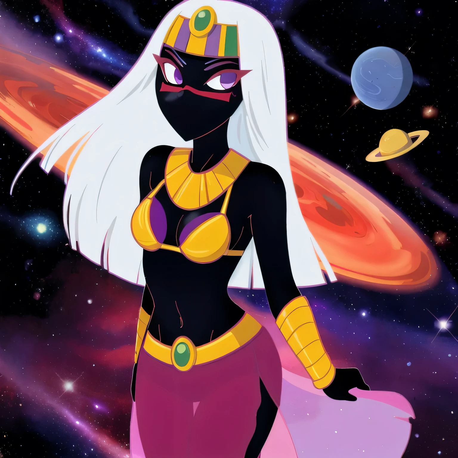 (masterpiece, best quality:1.2), 1girl, solo, no mouth, red face mark, red eyelids, purple eyes, bikini top, necklace, harem skirt, white hair, bracelets, Tyr'ahnee, space background, cartoon