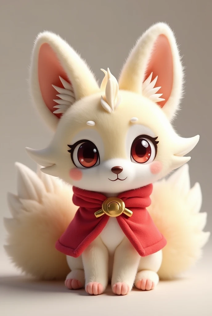 Create a detailed and realistic image of a plush toy designed to look like Ahri from League of Legends. The plush should be about 40 cm tall with a soft, rounded appearance. Ahri should have her iconic nine tails, each tail approximately 15 cm long, arranged around the back in a fan shape. The plush toy should feature large, expressive eyes, soft fabric for the fur, and intricate details like Ahri’s ears, which are about 8 cm long, and her outfit inspired by her in-game appearance, with a mini red robe and gold accents. The design should be cute and huggable, using high-quality materials like minky or plush fabric. The color palette should include soft whites, creams, and accents of red and gold for the outfit. The final image should make the plush toy look appealing, comfortable, and collectible.