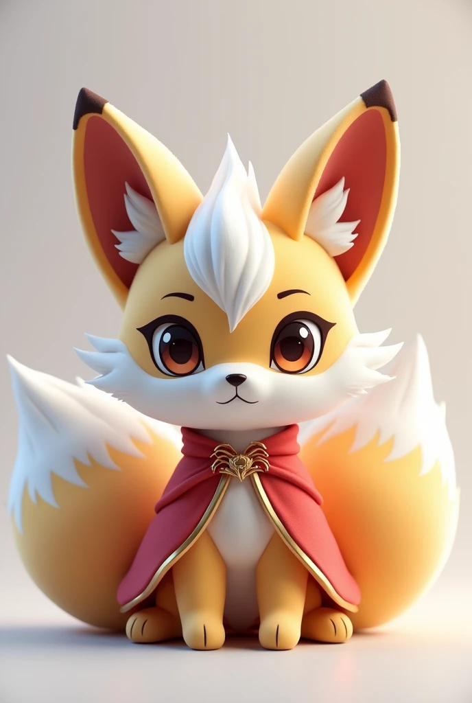 Create a detailed and realistic image of a plush toy designed to look like Ahri from League of Legends. The plush should be about 40 cm tall with a soft, rounded appearance. Ahri should have her iconic nine tails, each tail approximately 15 cm long, arranged around the back in a fan shape. The plush toy should feature large, expressive eyes, soft fabric for the fur, and intricate details like Ahri’s ears, which are about 8 cm long, and her outfit inspired by her in-game appearance, with a mini red robe and gold accents. The design should be cute and huggable, using high-quality materials like minky or plush fabric. The color palette should include soft whites, creams, and accents of red and gold for the outfit. The final image should make the plush toy look appealing, comfortable, and collectible.