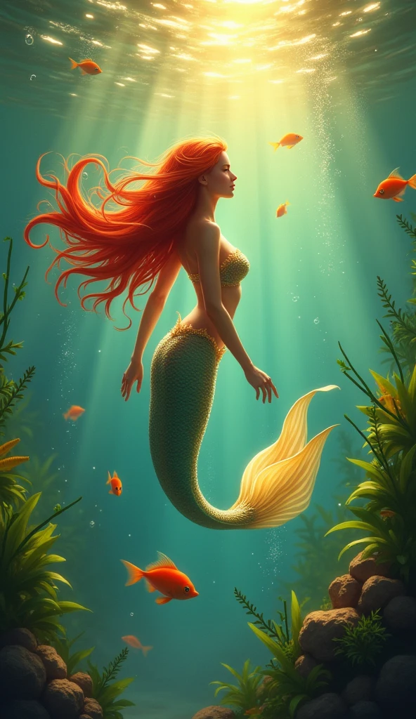 The image shows a mesmerizing scene of a mermaid underwater, illuminated by golden light filtering through the water. The mermaid has long, flowing red hair and a shimmering, golden tail. She is surrounded by aquatic plants and fish, swimming gracefully in the ocean. The lighting creates a magical and ethereal atmosphere, highlighting the beauty of the underwater world. The image captures a sense of serenity and wonder.