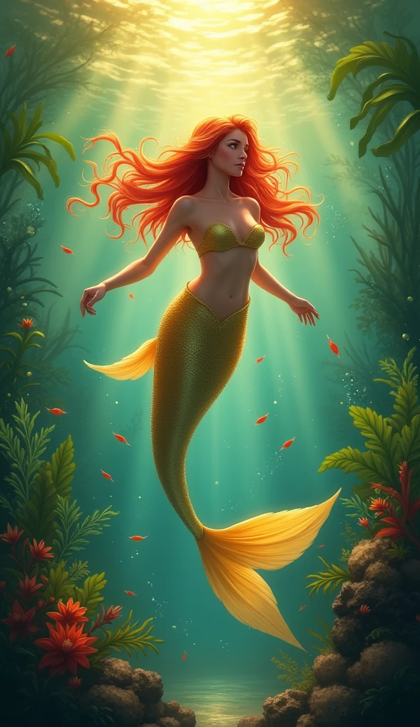 The image shows a mesmerizing scene of a mermaid underwater, illuminated by golden light filtering through the water. The mermaid has long, flowing red hair and a shimmering, golden tail. She is surrounded by aquatic plants and fish, swimming gracefully in the ocean. The lighting creates a magical and ethereal atmosphere, highlighting the beauty of the underwater world. The image captures a sense of serenity and wonder.