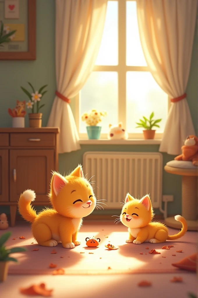 A small yellow kitten named Mia lives happily with her father in a cozy house. Though playful and curious, Mia often gets into trouble, and her father is very protective of her.