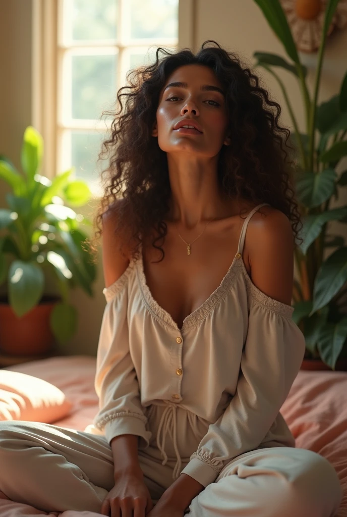 (photorealism:1.2), beautiful woman, sitting on bed, wearing loose off-shoulder top, pajama pants, long curly hair, indoors, soft lighting, plants in background, window with sunlight, cozy room, relaxed pose, realistic, intricate details, warm colors, by Greg Rutkowski, by Alphonse Mucha