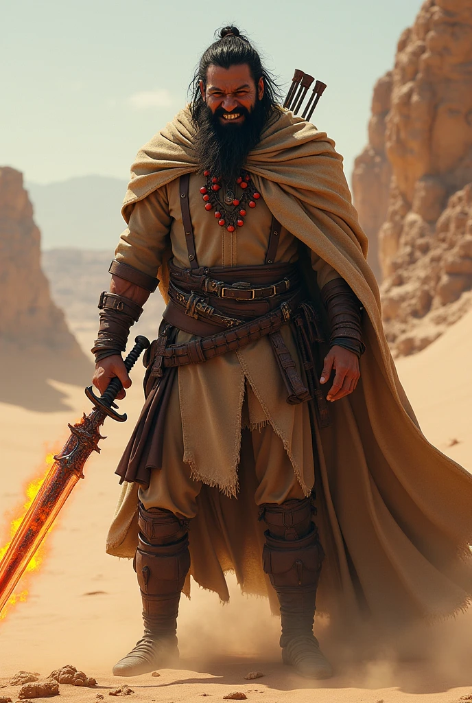 highest quality, 8k, hdr, (head to toe:1.4), Realistic, Asian with mixed Mexican heritage, Witch hunter with glowing fantasy sword, sandy brown hair and beard with tiny red bells in it, savage glee on his face, holding a crossbow