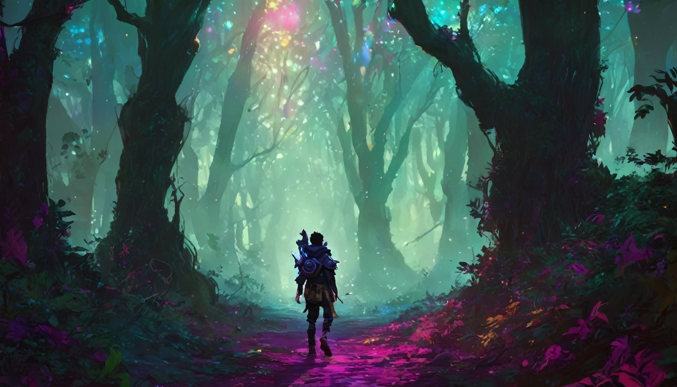 a human boy walking in a dense forest, NIGHT, high fantasy RPG style, League of Legends-inspired art style, dynamic poses, detailed facial features, cinematic lighting, vibrant colors, dramatic atmosphere, gritty realism, masterpiece, best quality, ultra-detailed, VALORANT