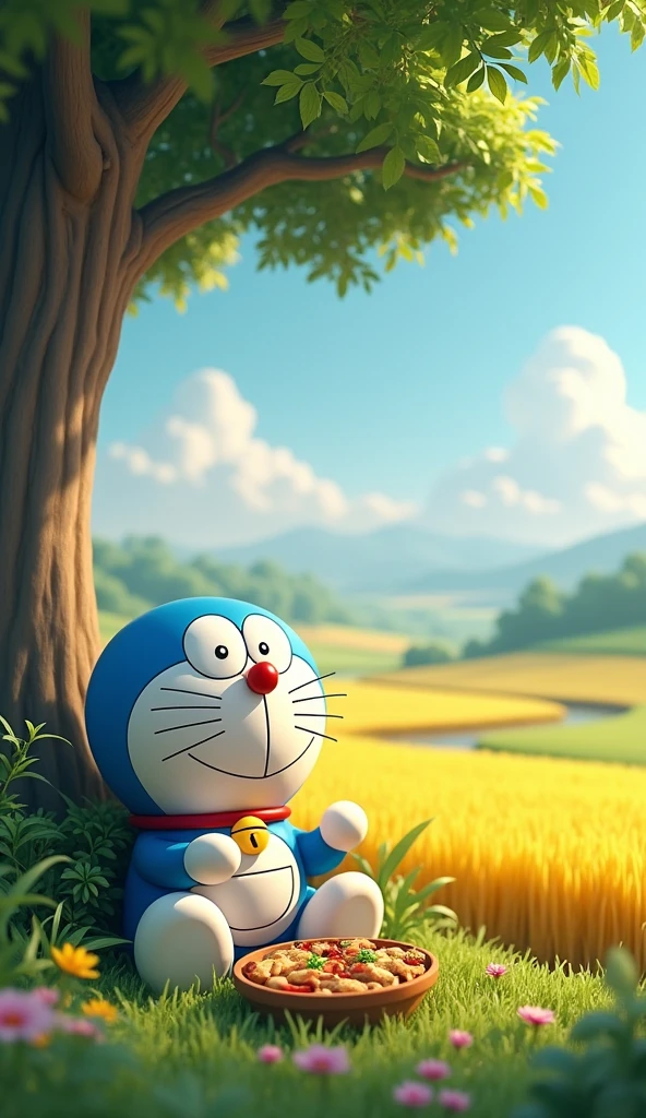 Doraemon sat under a tree, enjoying his lunch with a happy face, taking in the scenery of the distant golden rice fields in 3D.
