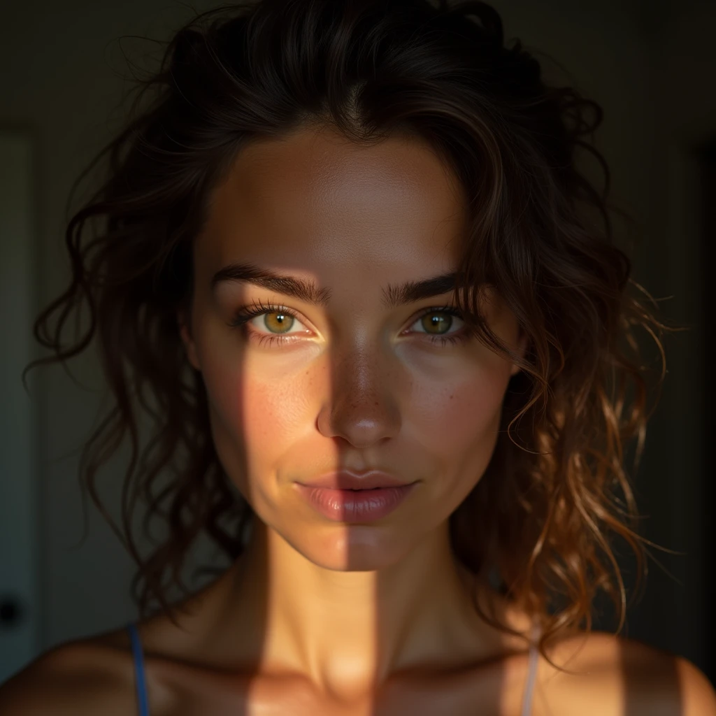Une jeune femme matte de peau, les cheveux frisés. Elle a les yeux marrons, son teint est eclairé par la lumiere du jour. Elle est en sous vetement. Elle a des levres pulpeuses. La photo est hyper realiste. Qualité d’image maximum