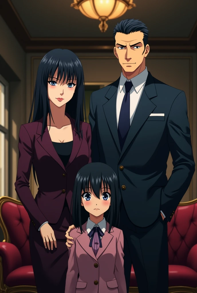 Anime style, mafia, family, mother, father, daughter, timid, black hair