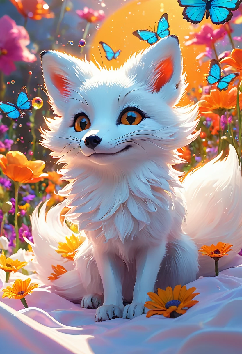 Splash Art, Luminism, fantasy acrylic, Digital Painting , Close up of a small cute magical chibi fantasy white fox in bed, Flowers, butterfly, spark, magic creature made of colors, smile eyes, Colorful paint splash style, Paint drips, color waves, Close-up portrait, color drops, fairy tale, Dynamic Lighting, Art Station, Peter Moerbacher, broadcast, Wow, masterpiece, golden glowing, bubble, transparent smoke, Sun rays