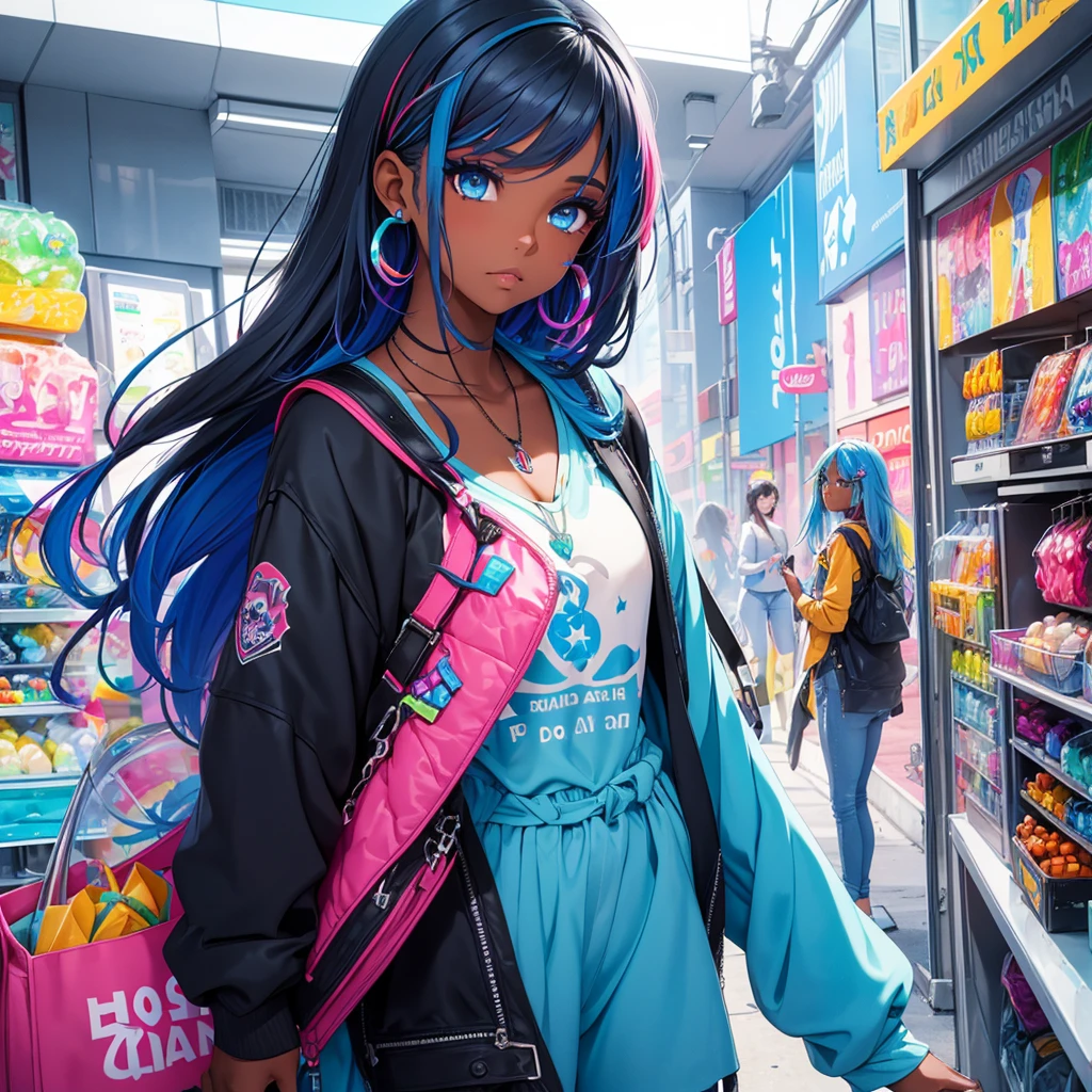 Create a Brazilian girl who has:
Dark skin
Light blue rainbow hair
Dark blue blue eyes
Multicolored makeup
Revealing clothes in very bright colors
Phone in her bag, a palette with all the makeup, Вейп, hair clips and jewelry and trendy sunglasses and soda 