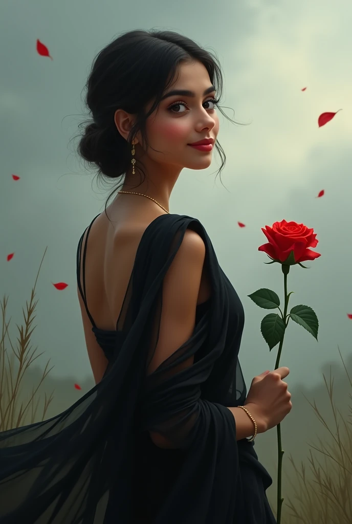 Beautiful Indian girl big eyes, black saree smiling with a red rose in hand, tall,  outdoor, clowdy weather 