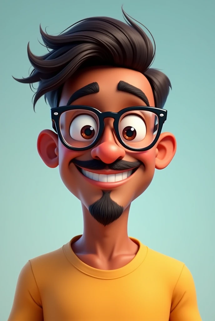 Pixar-style: brown boy, AT 20 YEARS OLD, with a mustache and goatee, really short hair, transparent rectangular glasses and smiling