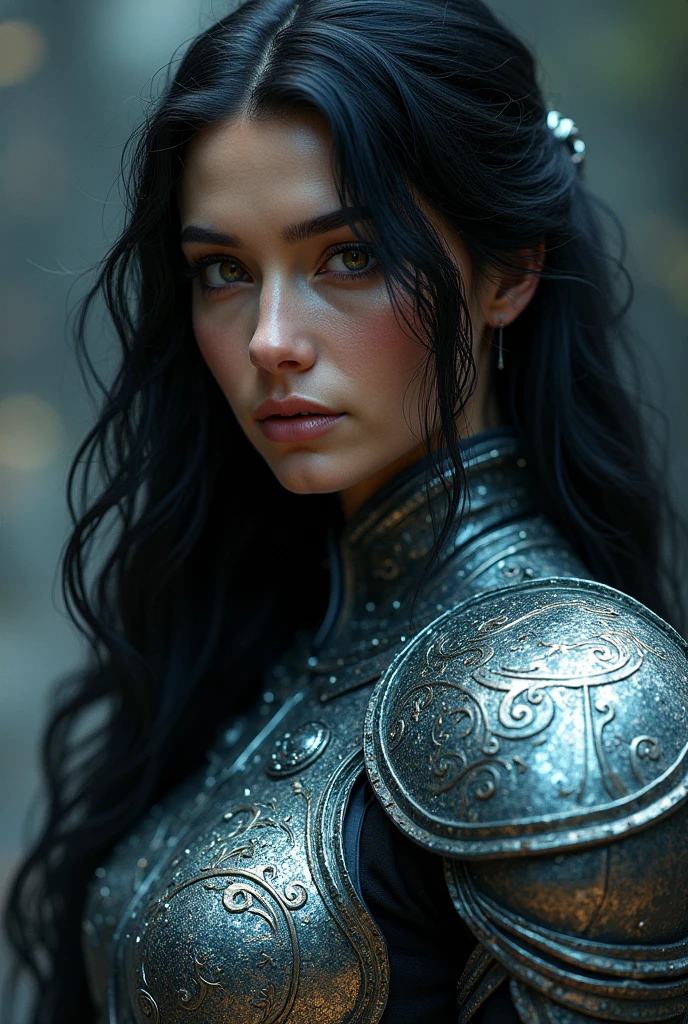 (photorealism:1.2), beautiful woman, Raven haired, Long hair, black eyes, slightly tanned complexion, with armor, and light coming out of it