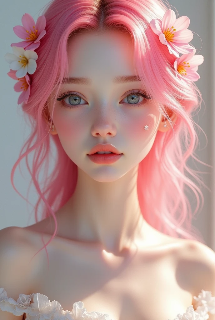 A young woman with pink hair and flowers in her hair, girl gorgeous, beautiful, baby face, 20 years, White skin.