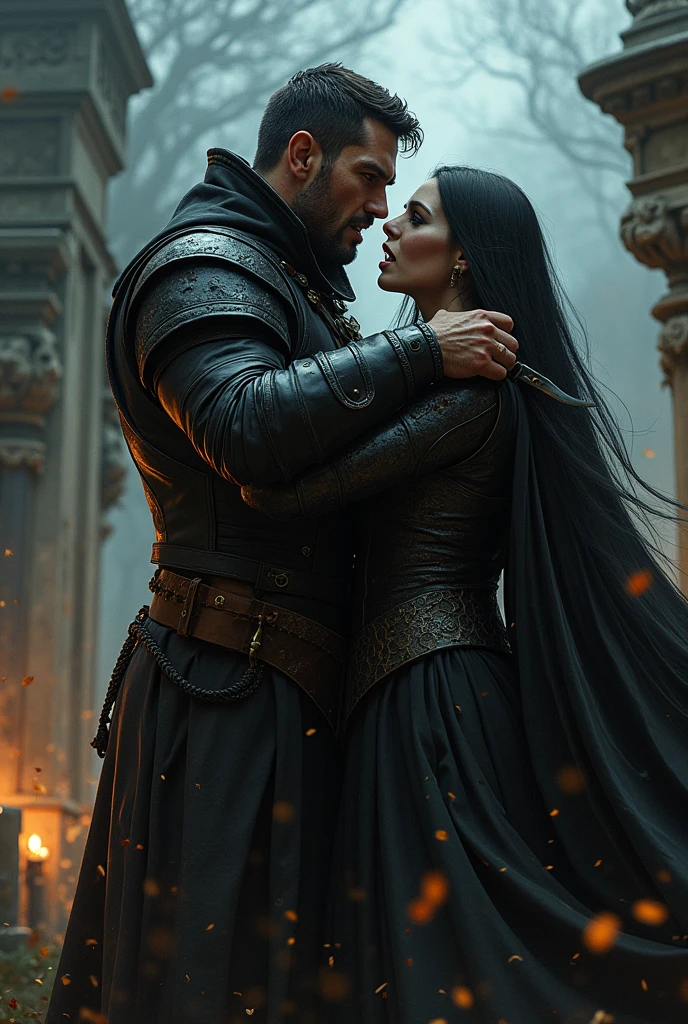 Draw actor Karl Urban as a Dungeons and Dragons ranger, with a furious look, wearing black leather armor, holding a vampire witch by the neck and sticking the knife in her neck, brutal dinner. torches illuminating an ancient cemetery