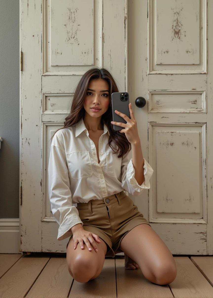 Beautiful 18 year old woman, Brown hair, kneeling in front position, photo with the cell phone